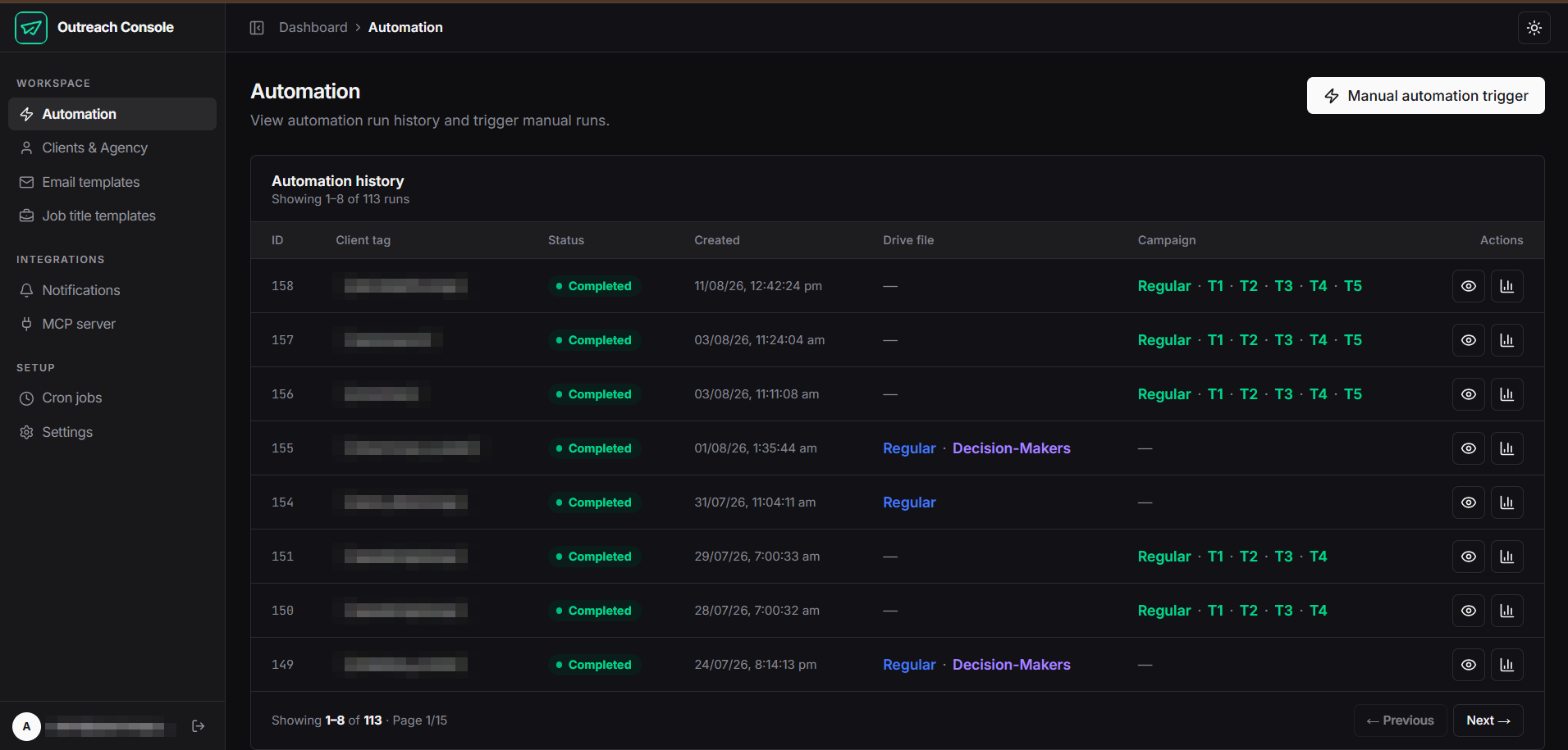 The Outreach Console automation dashboard, listing completed pipeline runs with their client, status, and campaign steps