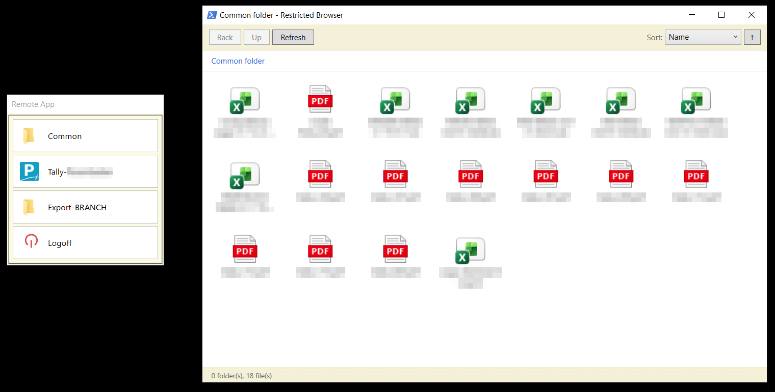 The RemoteApp menu a branch user sees on login — Common folder, Tally, their own export folder, and Logoff