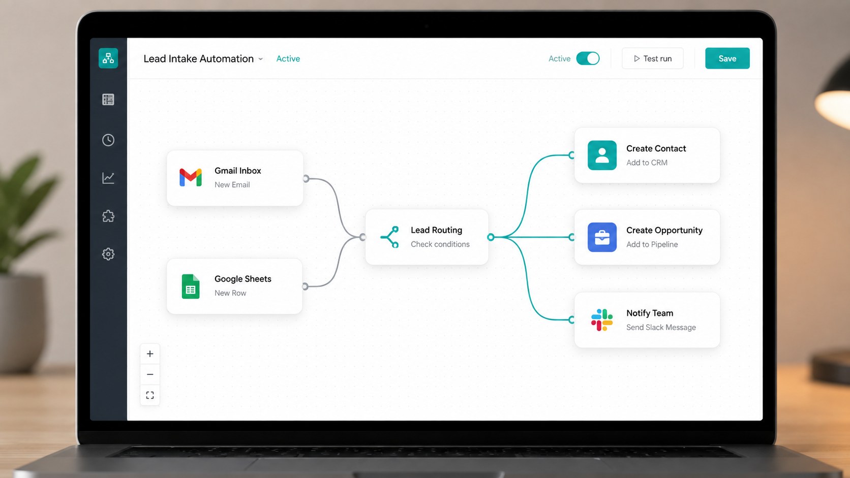 A workflow canvas on a laptop, routing Gmail and Google Sheets triggers through a conditional step into create-contact, create-opportunity, and Slack notification actions